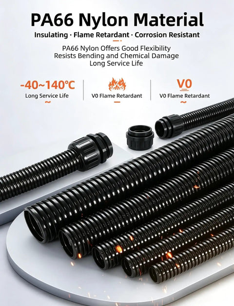 Premium Grade Built Tough Flexible Corrugated Conduit For Top Tier Cable Protection And Wire Management That Bends Like Butter Without Any Drama On Every Job Site, black PA66 nylon.
