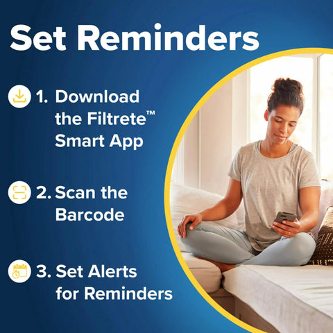 Woman using smartphone on sofa beside steps to set reminders for Two Pack 20x20x1 Air Filter Pleated 3 Month Replacement MPR 1200 MERV 11