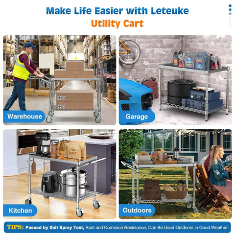 Heavy Duty 45 Inch Rolling Utility Cart With Hella Roomy Two Tier NSF Certified Steel Storage Shelf For Warehouse And Home Garage in use in various settings.