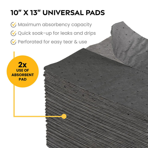 Heavy Duty Universal Absorbent Pads 10 X 13 Inch 100 Pack, stacked and perforated for easy use in garage or workshop cleanup.