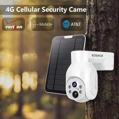 4G LTE Solar Powered Wireless Cellular Security Camera With PIR Motion Sensor PTZ Speed Dome attached to tree outdoors