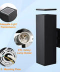 Product features of the Outdoor Wall Lights 2 Pack Dope Waterproof Exterior Lighting Fixtures Black Aluminum Porch Lights For Garage And House IP54 Weatherproof Outdoor Lighting For Patio Garden Front Porch, including aluminum body, U.S. mounting plate, and lamp holder details.