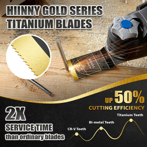 Hiinny titanium oscillating blades, 6-piece universal set for metal, wood and plastics, shown on a cordless multitool.