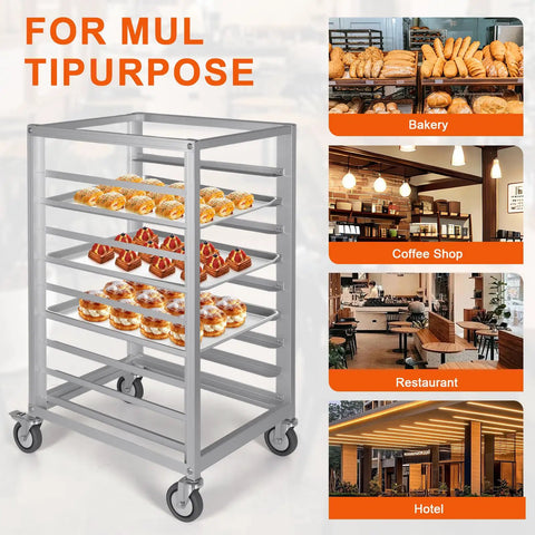 Heavy Duty 9 Tier Commercial Cooling Rack With Smooth Roll Locking Casters, Solid Aluminum Build, Space Saving Bakery Sheet Pan Holder, Sick Storage Cart For Any Bustling Kitchen Crew with baked goods.