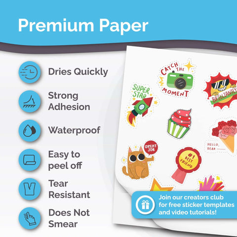 Premium printable vinyl sticker paper for inkjet and laser printers; glossy white, 32 sheets, self-adhesive, waterproof