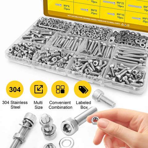 Top Shelf M4 Hex Socket Screw Assortment Kit With 490 Metric Sizes From Six To Thirty Millimeters in a labeled box with stainless steel screws.