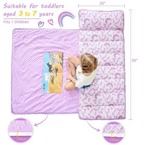 Toddler Nap Mat With Pillow And Blanket For Daycare And Preschool, Extra Large Rolled Napping Mat For Travel And Camping, Super Soft Fleece Minky Sleep Mat For Boys And Girls, Rainbow Colors with child sitting on it