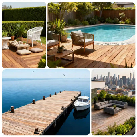 Composite decking areas by a pool, garden, dock, and rooftop, illustrating use of 1000 Pack Hidden Deck Fasteners Kit For Composite Decking