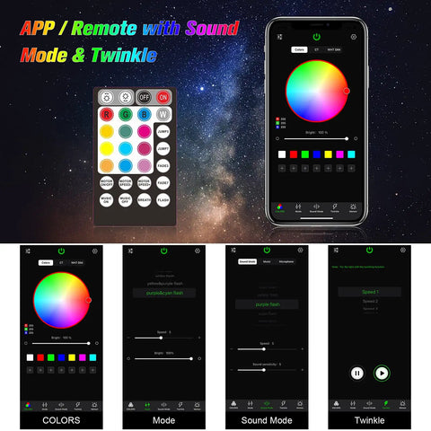 Meteor Twinkle 370 Piece Bluetooth RGBW Fiber Optic Headliner Light Kit app and remote control options display.