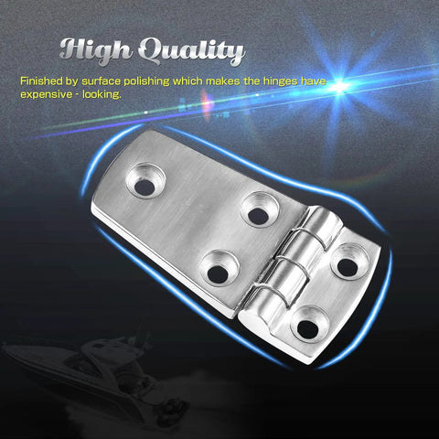 Dead Simple Install Marine Grade 316 Stainless Steel Heavy Duty Door Hinges Built Like A Dream For Boats Decks And Garages Featuring No Sweat Saltwater Corrosion Resistance In A Pro Pair close-up of polished hinge with 5 holes for mounting.