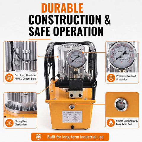 Close-up of Heavy Duty 750W Electric Hydraulic Pump With Double Acting Design And Pedal Switch Cranking 10000PSI and Dead Accurate Pressure Gauge details.