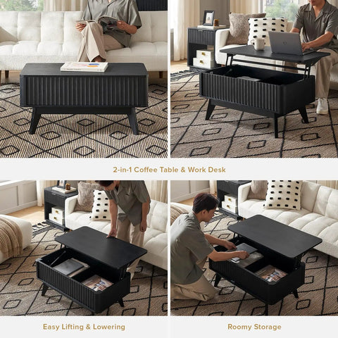 Top Shelf Modern Lift Top Coffee Table With Sleek Fluted Paneling And A Game Changing Pull Up Desktop Plus Hidden Storage Compartment In Durable Black Oak Finish, shown lifted with storage.
