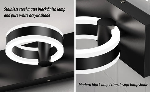 LED Bathroom Vanity Lights 24 Inch Black Three Light Acrylic Wall Sconces With 350 Degree Rotatable Over Mirror Mount Modern Vanity Fixture For Powder Room Lit Look showing close-up of matte black and white acrylic shades