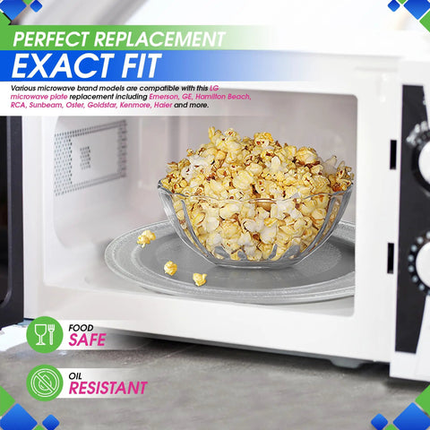 12 Inch Microwave Glass Turntable Plate Replacement Fits W10337247 W11367904 Models For Even Heating And Faster Reheating Easy Install Durable Kitchen Part Ideal Upgrade For Your Microwave in use with a bowl of popcorn inside a microwave.