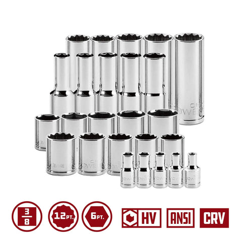 Beefy Socket And Ratchet Tool Set With Extensions And Deep And Shallow Sockets Organizer Tray 54 Piece Three Eighths Inch Pro Tech Series Chrome Vanadium Steel Drop Forged Mirror Finish ANSI Standard showing chrome shallow and deep sockets