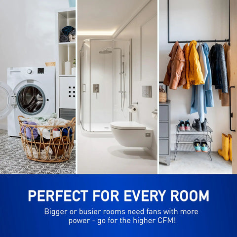 Laundry room, bathroom, and entryway, highlighting Whisper Quiet Dual Speed Ceiling And Wall Mount Bathroom Exhaust Fan's versatility.
