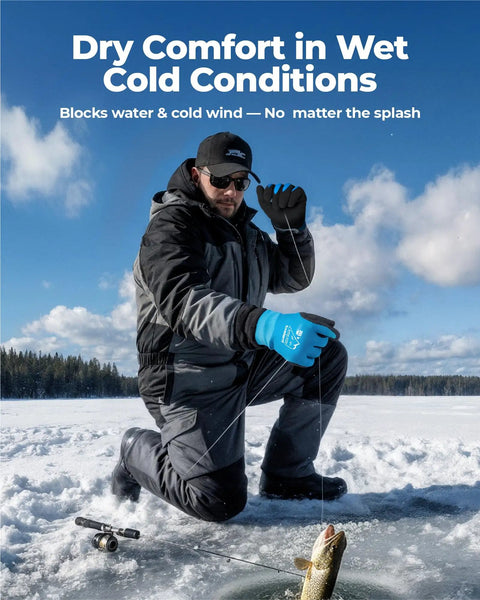 Waterproof Winter Work Gloves for Men and Women, ANSI A4 Cut Resistant, worn by a person fishing on ice, blue, Size M, 1 Pair.