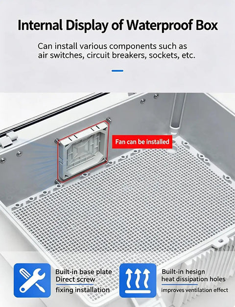 Outdoor Weatherproof Electrical Junction Box With ABS Plastic Shell Hinged Cover And Stainless Steel Latch Mounting Plate And Wall Bracket IP66 IP67 Rated For Tough Weather Cooling Fan For Heat Dissipation Gray 30x30x17cm And Clear 60x50x22cm, interior fan mount