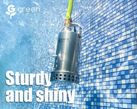 Green Expert stainless steel submersible sump pump with green hose, pool mosaic background