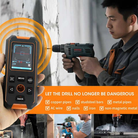 Stud Finder Wall Scanner All In One Handy 5 In 1 With Wood Stud Cable Metal Detection And Laser Distance LCD Display And Voice Alerts Smart Sensor Digital Level 40M Range used on a wall