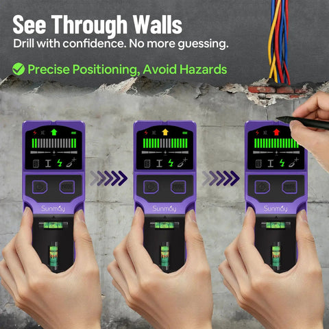 Heavy Duty 7 In 1 Wall Scanner Stud Finder With Cross Beam Laser Level And Bubble Vials detection features shown in use.