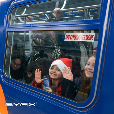 Fire Extinguisher Inside Sticker Sign 4 Pack 9 By 1.7 Inch Laminated Vinyl on subway window above children's hands.
