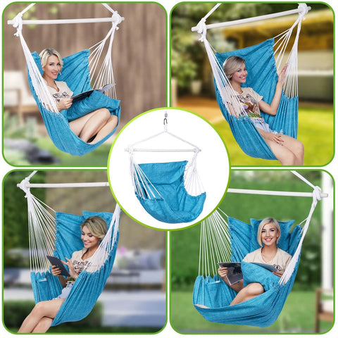 Cozy Outdoor Hanging Hammock Chair Swing With Cushions And All In One Hanging Kit for Indoor Or Outdoor Use displayed in blue color.