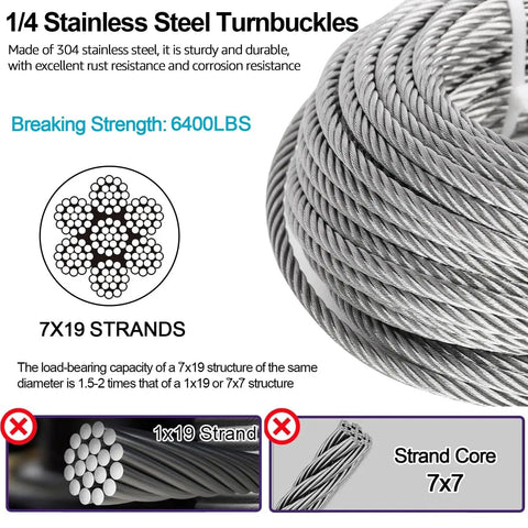 Close-up of 1/4 inch stainless steel wire rope with 7x19 strands showing details for Beefed Up Heavy Duty One Quarter Inch Wire Rope Kit With Fifty Foot Stainless Cable And All Mounting Hardware For Shade Sails Deck Rails Camping And Boats Fourteen Hundred Pounds Load Capacity Tension Cable Kit.