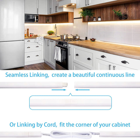 Modern kitchen with under cabinet LED lights kit with six 12 inch bars seamlessly linkable includes adapter and switch 5000K daylight.