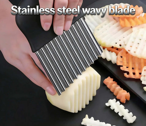 Handheld French fry slicer with stainless steel wavy blade; large crinkle cutter for potatoes.