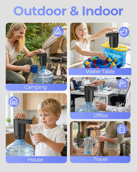 Portable Electric Water Jug Dispenser With USB C Charging Dual Motors For 2 To 5 Gallon Jugs in various settings