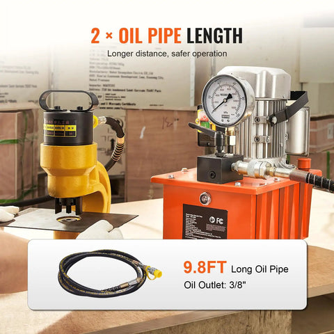 Heavy Duty Electric Hydraulic Pump Setup With Extended Remote Hose And Simple Lever Switch High Pressure For Industrial Press And Jack Jobs Workhorse Reliability All Day Long with a 9.8ft oil pipe.