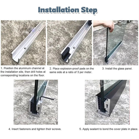 Installation steps of Premium Aluminum Base Rail Channel For Deck And Stairway Railing, showing channel alignment and glass panel setup.