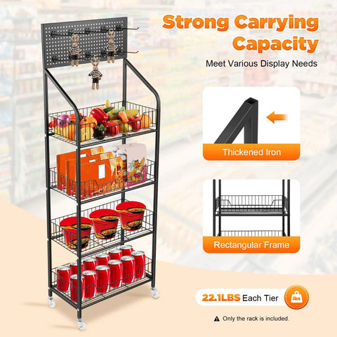 Heavy Duty Four Tier Mesh Display Rack With Ten Secure Hooks Mobile Snack Organizer Cart Featuring Smooth Gliding Locking Casters with food and drinks on display.