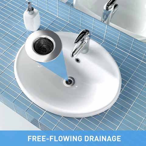 Premium Stainless Steel Bathroom Sink Drain Strainers Two Pack Conical Hair Catcher Porous Drain Filter Fits 1.2 To 1.6 Inches with hair trapped in sink.