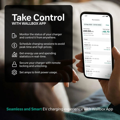 Person holding phone displaying Wallbox app for Pulsar Plus Level 2 EV Charger 40 Amp 240V Home Wall Mount Fast Charging Works With All EVs