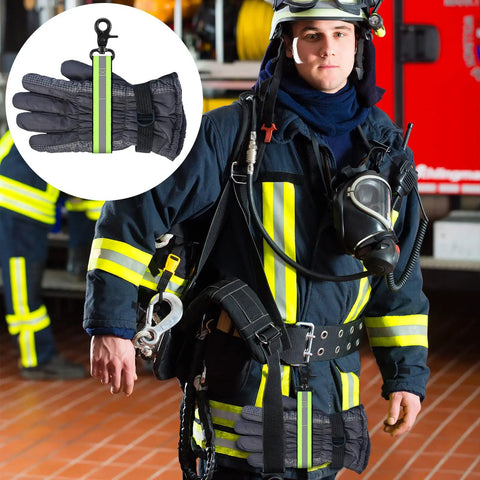 Firefighter wearing gear with Two Pack Firefighter Glove Straps With Reflective Trim For Turnout Gear, displayed in close-up inset.