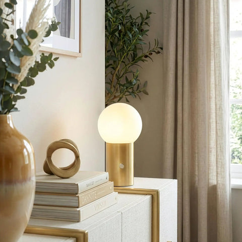 Kai LED Table Lamp With USB Port Tiny Bedside Reading Modern Desk Lamp with brass finish globe shade on nightstand