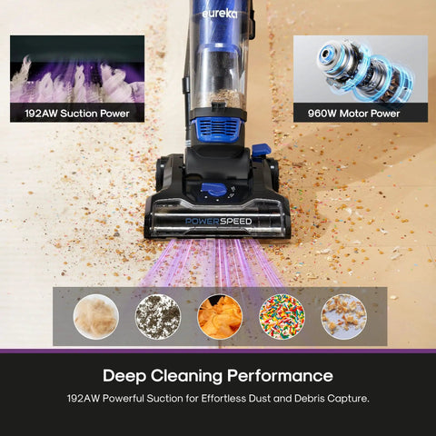 Eureka PowerSpeed Lightweight Upright Vacuum Cleaner With Upgraded Cyclone System For Powerful Pickup On Carpet And Hard Floor Captures Large Debris Dirt And Microscopic Dust In Sleek Blue And Black New Model Design showing 192AW suction power with debris.