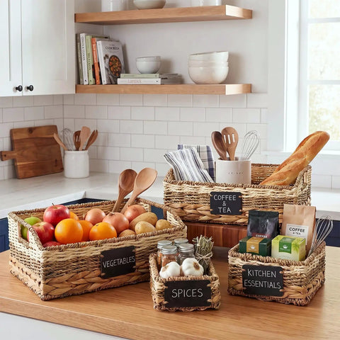 Six Premium Handcrafted Wicker Pantry Baskets And Closet Storage Organizers With Matched Chalkboard Labels For Kitchen Decluttering on counter.