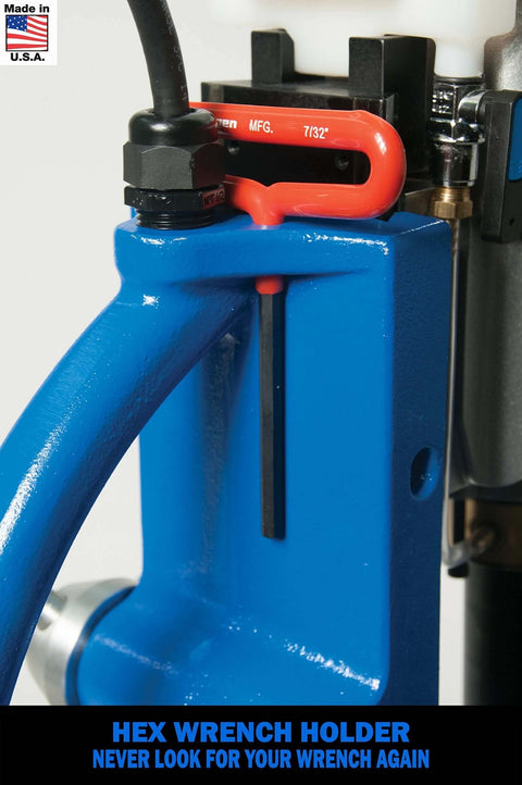 Hougen HMD904 115-volt magnetic drill with blue frame and orange hex wrench holder