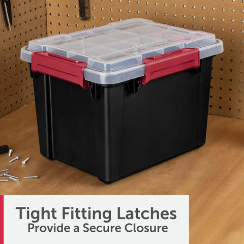 Six Pack Five Gallon Waterproof Storage Totes IP68 Submersible Plastic Bins With Airtight Silicone Seals on workbench.