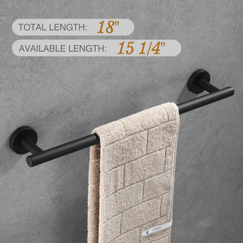 Matte Black 5 Piece Bathroom Accessories Set towel bar, 18 inch wall mounted, with towel, SUS 304 stainless steel, minimalist design.