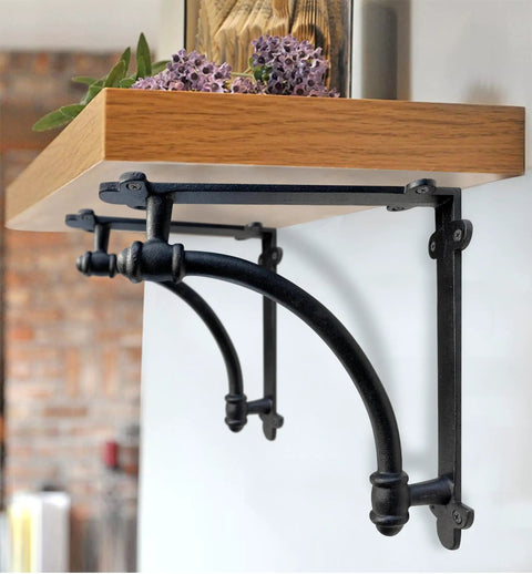 Heavy Duty Cast Iron Shelf Brackets 2 Pack Black 9.6 by 1.7 by 9.6 Inch Industrial Style Mounting Brackets holding wooden shelf
