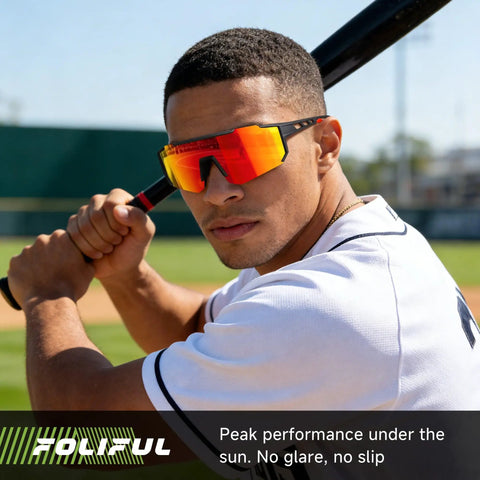 Hd Polarized Sports Sunglasses Offering Zero Glare Nonsense And Solid UV Armor For Running Cycling Baseball Unisex Frames worn by a baseball player.