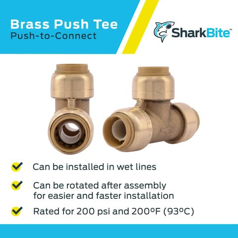 Half Inch Push To Connect Brass Tee Fitting For PEX Copper CPVC PE-RT HDPE Piping, image features front and side view