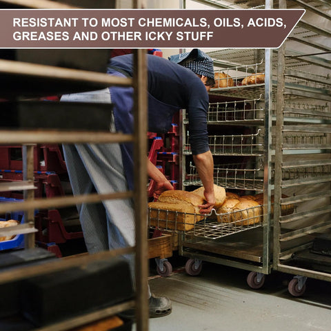 Baker using high temp nylon caster wheels on bakery racks