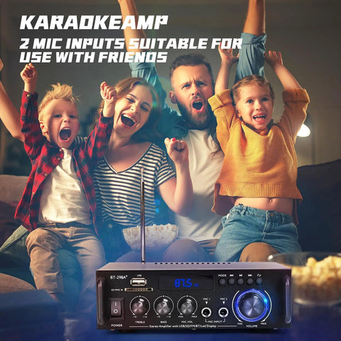 Family enjoying music with Powerful 300W Stereo Amplifier System With Bluetooth 5.0, featuring 2 mic inputs for karaoke.