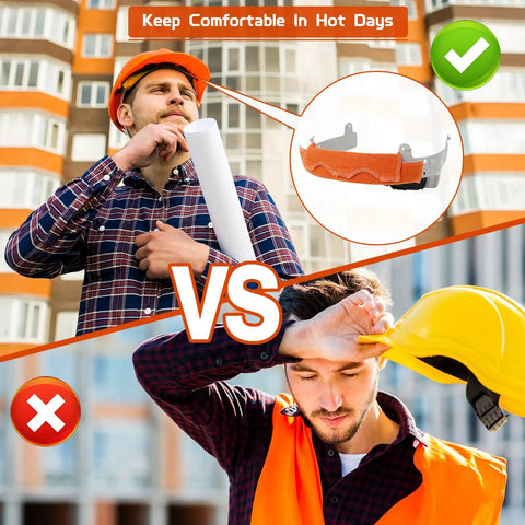 Split image showing orange hard hat sweatband in use vs without sweatband, highlighting Five Pack Hard Hat Sweatband Set Washable Replacement Liners Made From Flame Retardant Cotton For Welding Helmets Construction Hats And Chainsaw Gear Soft Absorbent Comfort Easy To Clean Durable And Reusable Go To Worksite Essential.