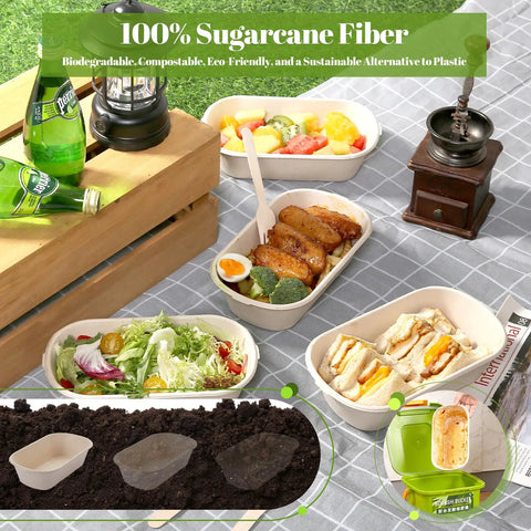 34 Oz Sugarcane Pulp Takeout Containers With Lids Eco Friendly Plastic Free Biodegradable Compostable Microwave Safe To Go Boxes For Meal Prep Pack Of 50 shown on picnic table with food.